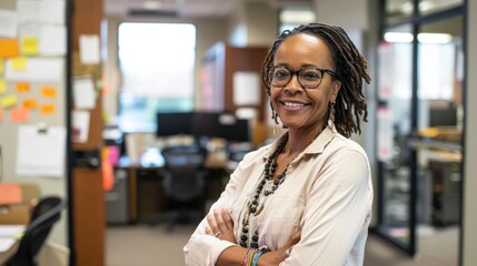 Poster - A woman with dreadlocks is smiling in front of a wall of sticky notes