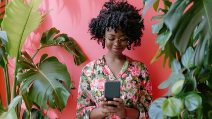 Poster - A woman with curly hair is looking at her cell phone