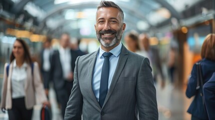 Poster - A man in a suit and tie is smiling in a busy airport