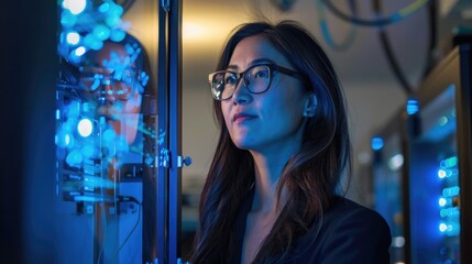 Sticker - A woman wearing glasses is looking at a computer monitor