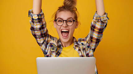 Excited female feeling euphoric celebrating online win success achievement result, young woman happy about good email news, motivated by great offer or new opportunity, passed exam, got a job.