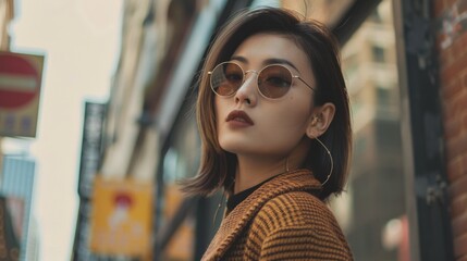 Poster - Stylish woman wearing sunglasses and a brown coat stands in front of a yellow sign