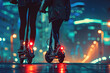 Frauen auf einem E-Roller in einer Stadt bei Nacht