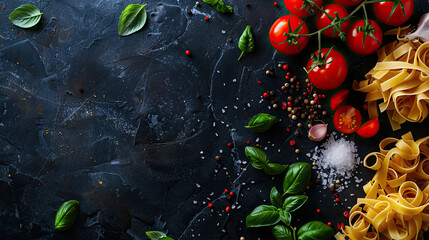 Wall Mural - Italian food and ingredients background with, tomatos, garlic, salt, pepper, basil, pasta and spices. Top view, view from above. Copy space. Dark background.