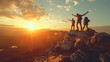 © NooPaew - Male hiker celebrating success on top of a mountain in a majestic sunrise and Climbing group friends helping hike up .Teamwork, Helps,Success, winner and Leadership.