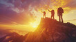 © NooPaew - Male hiker celebrating success on top of a mountain in a majestic sunrise and Climbing group friends helping hike up .Teamwork, Helps,Success, winner and Leadership.