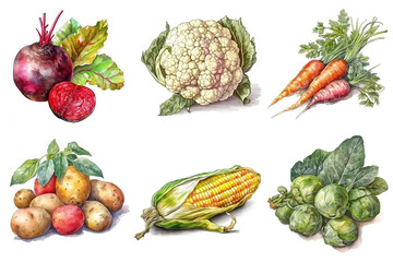 watercolor vegetable clipart beetroot cauliflower carrots potatoes corn brussel sprouts isolated on white