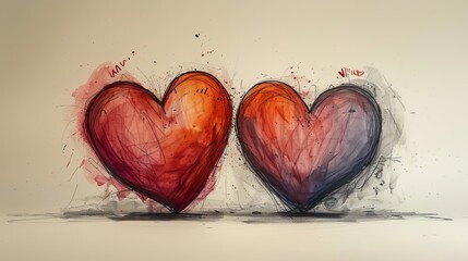 Wall Mural - Two hearts with love signs drawn in one continuous line.