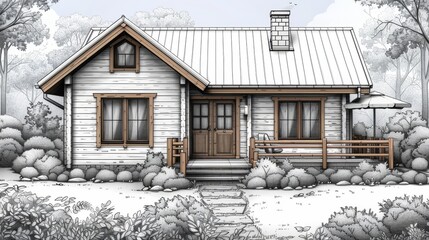 Wall Mural - Line drawing of country house in village. Outline of house isolated on white background. Monochrome modern illustration.