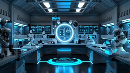 Design a cute 3D render of a futuristic robot laboratory  AI generated illustration