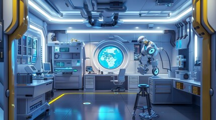 Design a cute 3D render of a futuristic robot laboratory  AI generated illustration