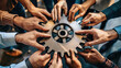 © NooPaew - Settings, gear icon and teamwork with business people or team together for collaboration and synergy with cog wheel strategy. Office group hands for problem solving, innovation and development.