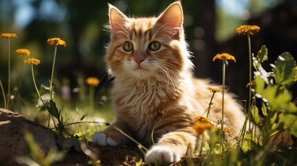 Wall Mural - A beautiful adult fluffy cat sits on the grass in a forest clearing. Favorite pets.
