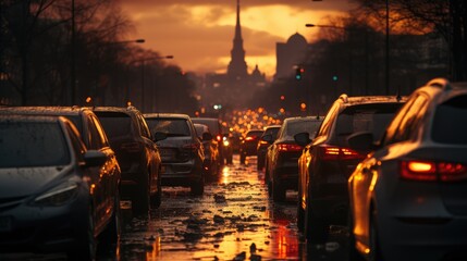 Cars are stuck in a huge traffic jam in the evening twilight of the city. The theme of environmental pollution and excess transport.