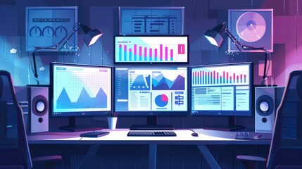 A computer desk with three monitors and a keyboard