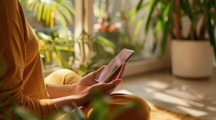 A woman is sitting on the floor with a cell phone in her hand