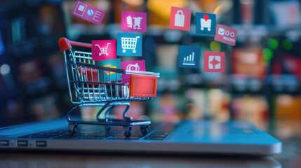 A shopping cart is displayed on a laptop screen