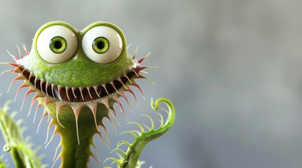 Funny green carnivorous plant with funny eyes on a gray background