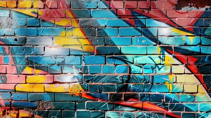 Beautiful colorful graffiti brick wall First person