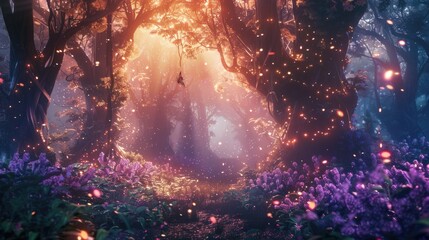 Wall Mural - A forest with purple flowers and glowing trees