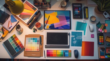 Wall Mural - a table with a tablet, a mouse, a keyboard, and a laptop