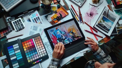 Wall Mural - A person is using a tablet to look at a painting