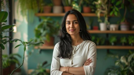 Poster - A woman is standing in front of a wall of plants