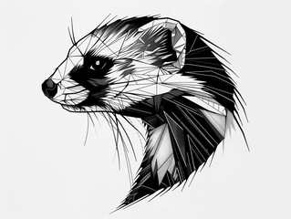 Wall Mural - A Black and White Geometric Pattern of a Ferret Head on a White Background