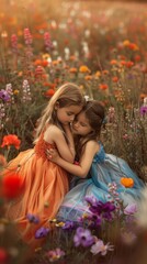 Wall Mural - Two little girls hugging each other in a field of flowers