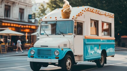 Wall Mural - Ice cream truck with a swirling soft-serve cone on top  AI generated illustration