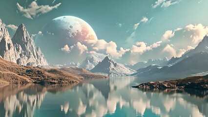 breathtaking landscape with tall mountains, a lake, and a giant planet in the sky. the concept of sc