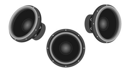 subwoofer audio loudspeaker with front view and side view. vector illustration isolated on white background.