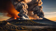 ancient volcano eruption with giant ash cloud and burst of molten lava, volcano eruption with massive high bursts of lava and hot clouds soaring high into the sky, pyroclastic flow
