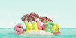 Tropical island with Summer text, beach umbrellas and sun accessories in ocean. Summer travel concept. 3d render