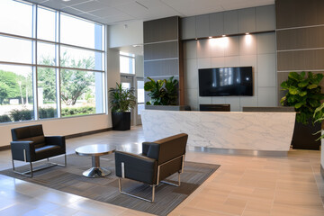 Modern clinic foyer with elegant reception and blank TV screen