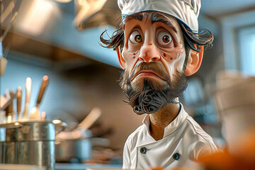 Wall Mural - Cartoon Caricature of a Male Chef.  Generated Image.  A digital illustration of a cartoon caricature of a male chef in a restaurant kitchen.