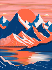 Wall Mural - Vibrant Sunset Over Stylized Mountain Landscape Illustration