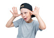 A teenage boy in a baseball cap teases and makes a face, sticking out his tongue, isolated on a transparent background png