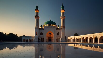 mosque at night, Mosque glowing in the evening light.