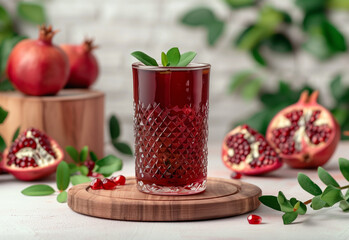 Wall Mural - Pomegranate juice in a textured glass with fresh pomegranate