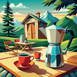 vintage coffee set on old wooden table In front of the retro cabin tent, retro chairs, camping tent group