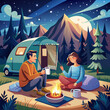 Young Couple Beautiful Relaxing in a Camping Caravan in the Evening, 