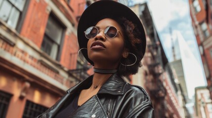 Sticker - Fashionable woman wearing a black hat and sunglasses stands on a city street