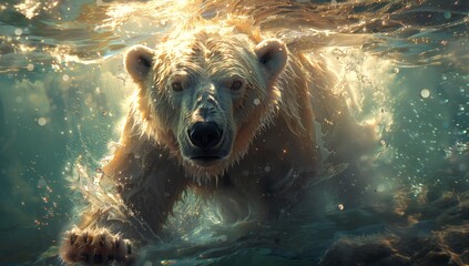 Wall Mural - A carnivore organism, a polar bear, swims fluidly underwater in the ocean