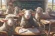 Sheep sitting in a classroom with a blackboard, other sheep in the background sitting at desks.