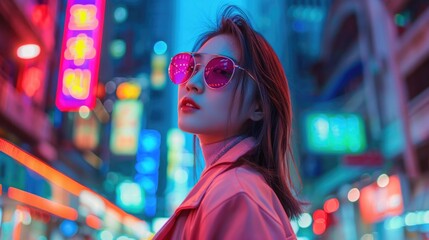 Wall Mural - Fashionable woman wearing sunglasses and a pink jacket stands in front of a neon sign