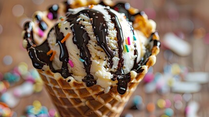 A close-up of a waffle cone filled with creamy young coconut ice cream, drizzled with chocolate syrup and adorned with colorful sprinkles.