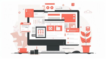 A computer monitor with a lot of icons and a plant in the background