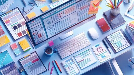 Wall Mural - a computer desk with a monitor, keyboard, and other items