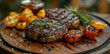 Close up american food concept grilled beef steak accompanied by grilled vegetables